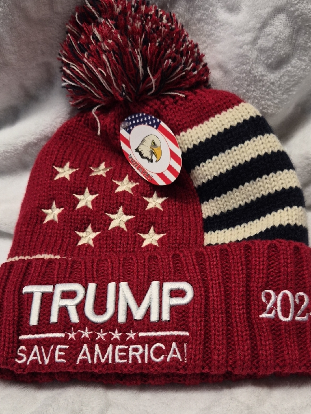 Red 'TRUMP Save America' Knit Pom Beanie